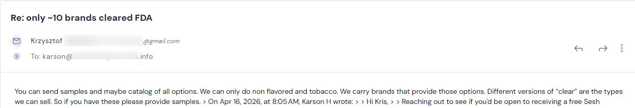 Campaign reply from retailer - retailer sample request 2 of 55